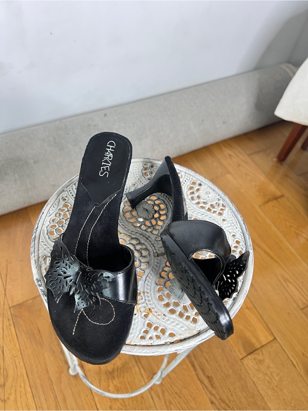 Charlies Black Butterfly-Detail Women's Heeled Mules